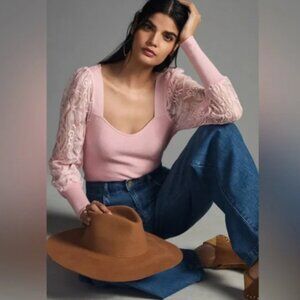 Light Pink Anthropologie Lace-Sleeve Sweater - NEW